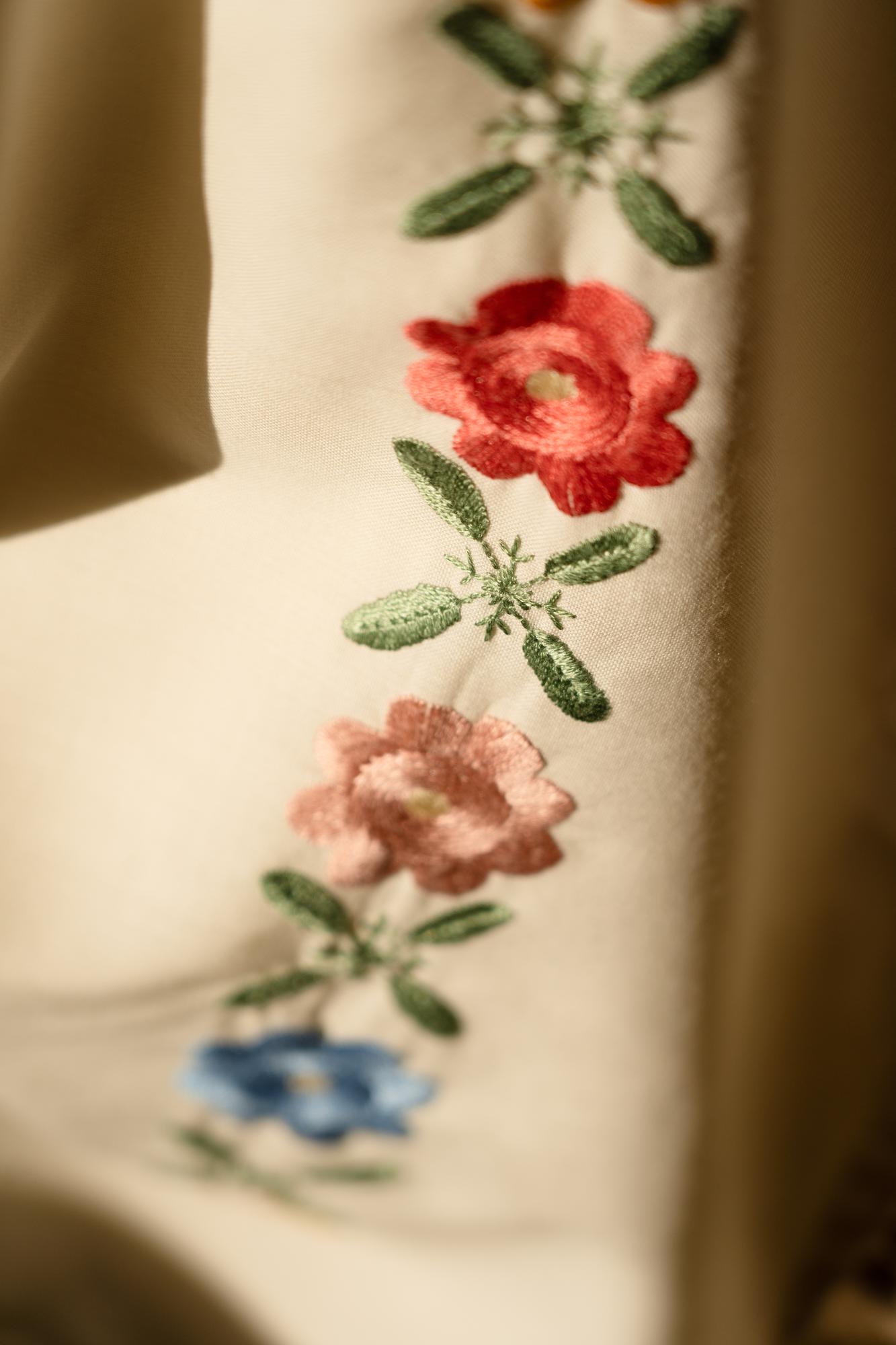 Close-up of embroidered textile with floral motif
